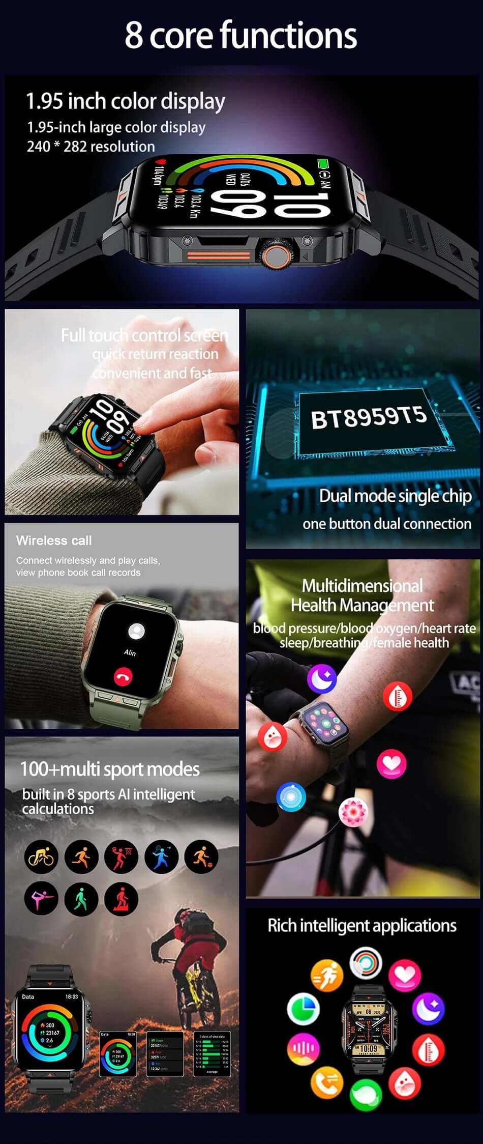 LIGE Smartwatch (1.95 Inch) - Health Monitoring & Fitness Trackerombre