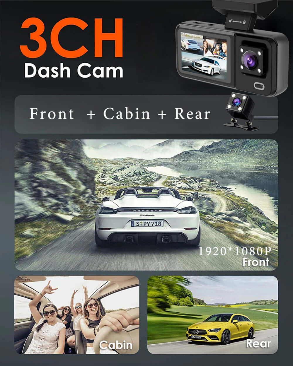 3-Camera Car DVR 1080P Dash Cam - Interior, Cabin, and Rear Recording