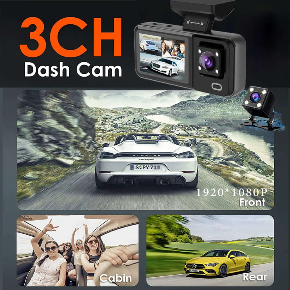 3-Camera Car DVR 1080P Dash Cam - Interior, Cabin, and Rear Recording