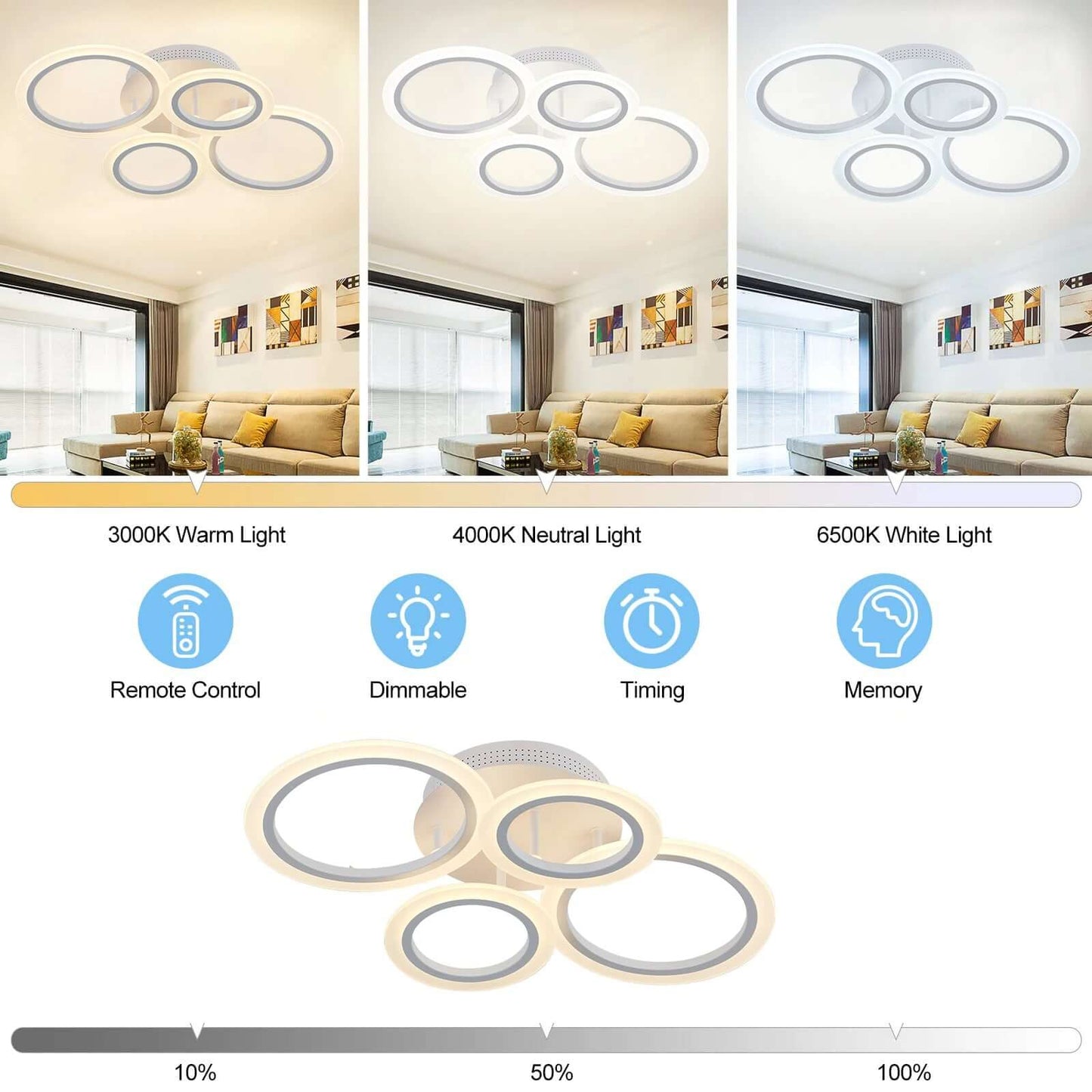 LED Acrylic Ceiling Chandelier with Ring Pendant Lights and Remote Control