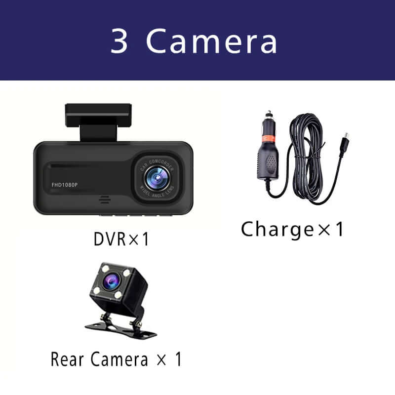 3-Camera Car DVR 1080P Dash Cam - Interior, Cabin, and Rear Recording