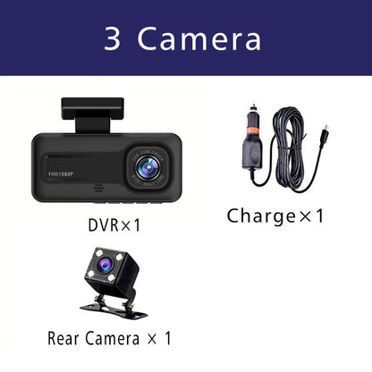 3-Camera Car DVR 1080P Dash Cam - Interior, Cabin, and Rear Recording