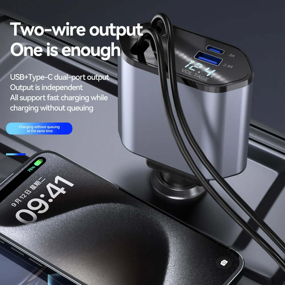 Retractable 4-in-1 Fast Charging Car Charger