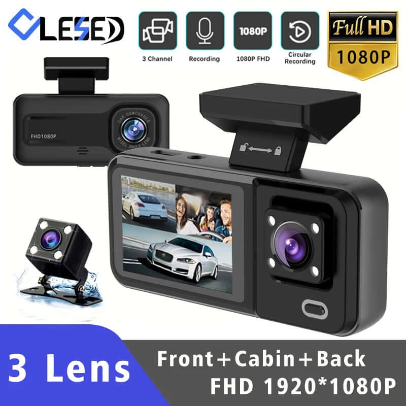 3-Camera Car DVR 1080P Dash Cam - Interior, Cabin, and Rear Recording