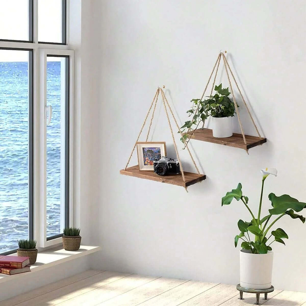 Wooden Wall Hanging Storage Rack with Rope