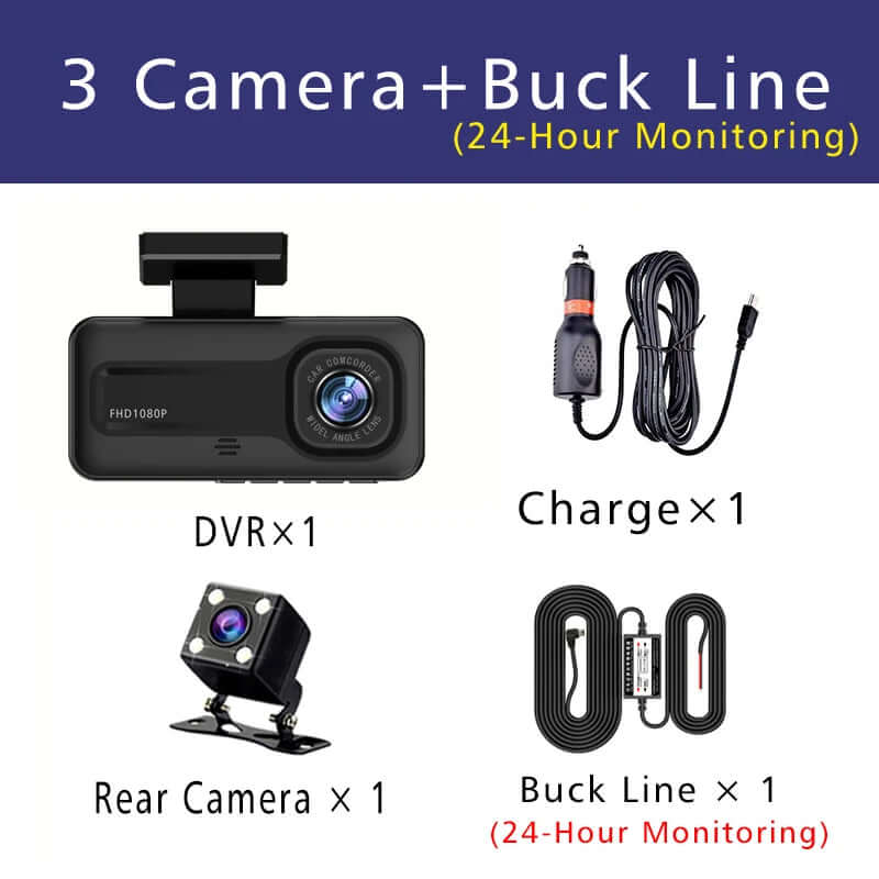 3-Camera Car DVR 1080P Dash Cam - Interior, Cabin, and Rear Recording