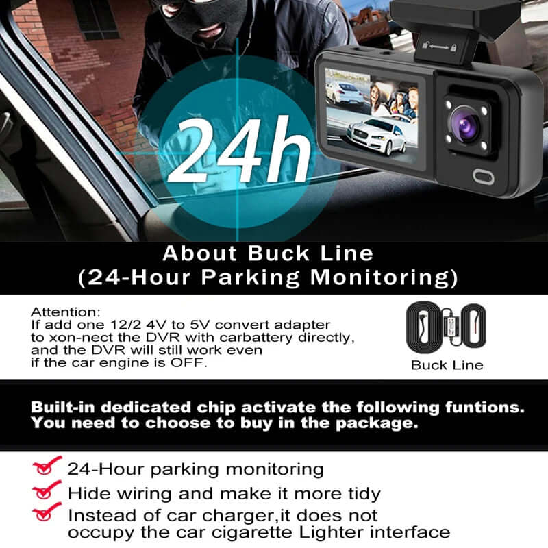 3-Camera Car DVR 1080P Dash Cam - Interior, Cabin, and Rear Recording