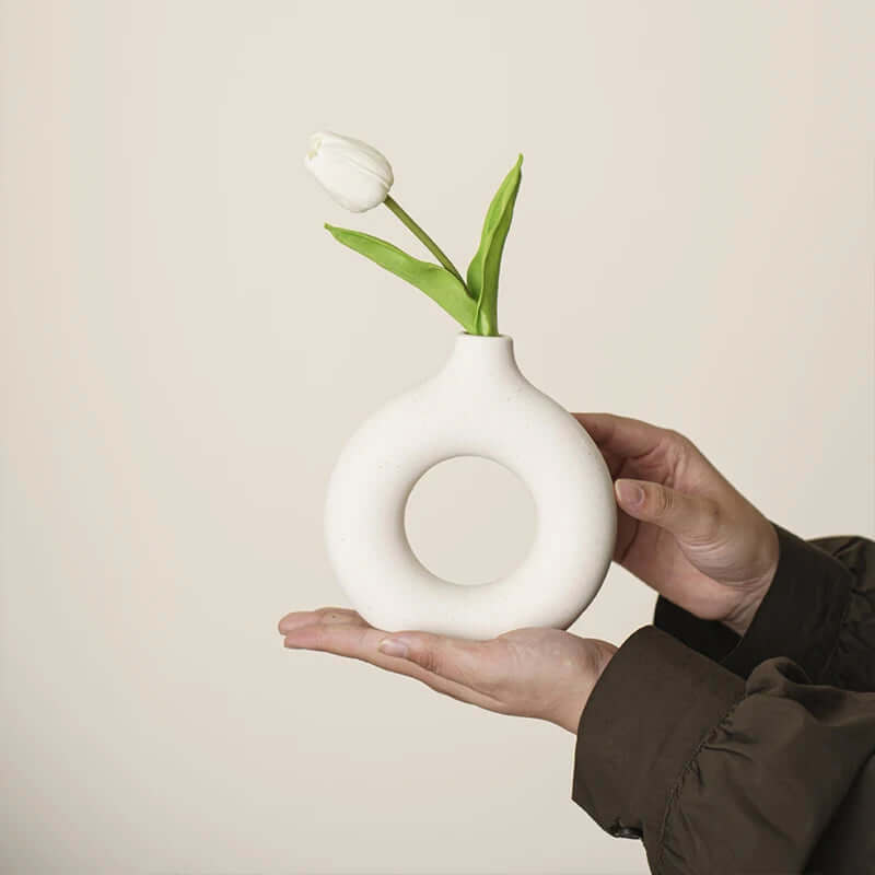 Imitation Ceramic Pure White Donut Vase - Decorative Table Ornament