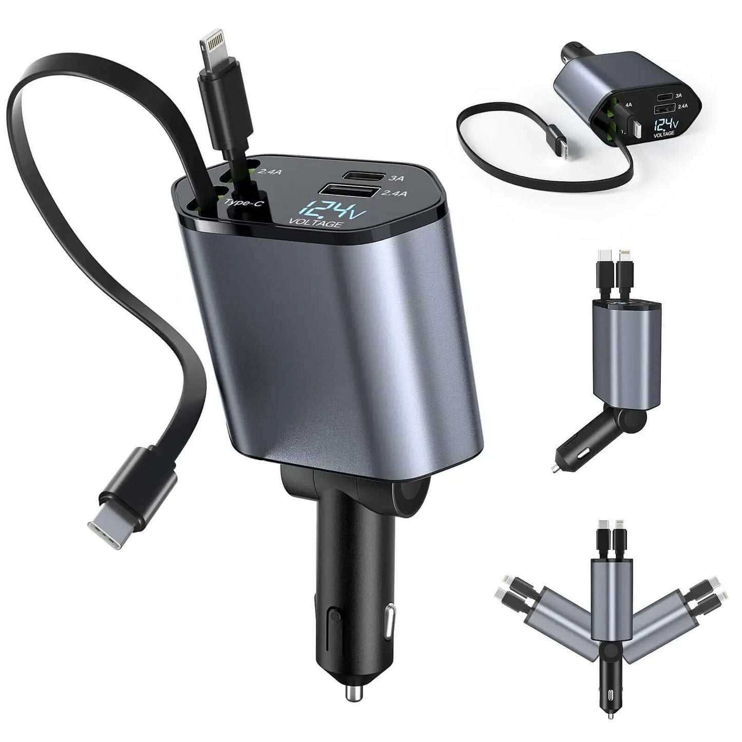 Retractable 4-in-1 Fast Charging Car Charger