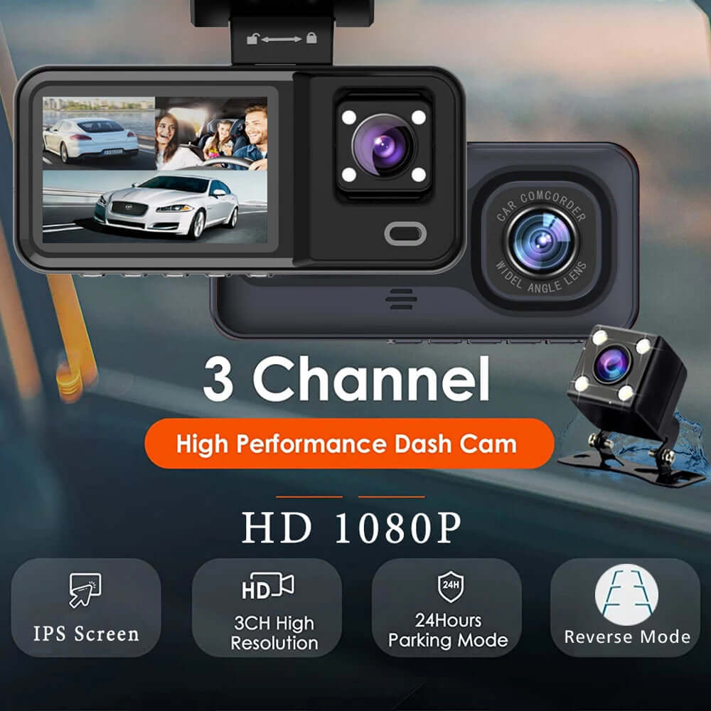 3-Camera Car DVR 1080P Dash Cam - Interior, Cabin, and Rear Recording