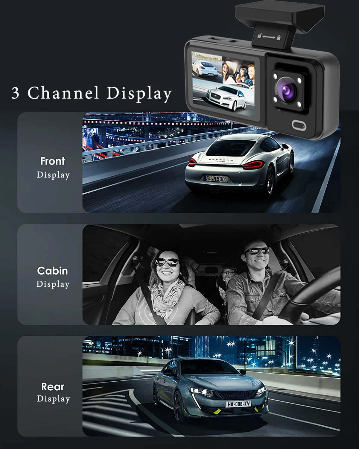 3-Camera Car DVR 1080P Dash Cam - Interior, Cabin, and Rear Recording