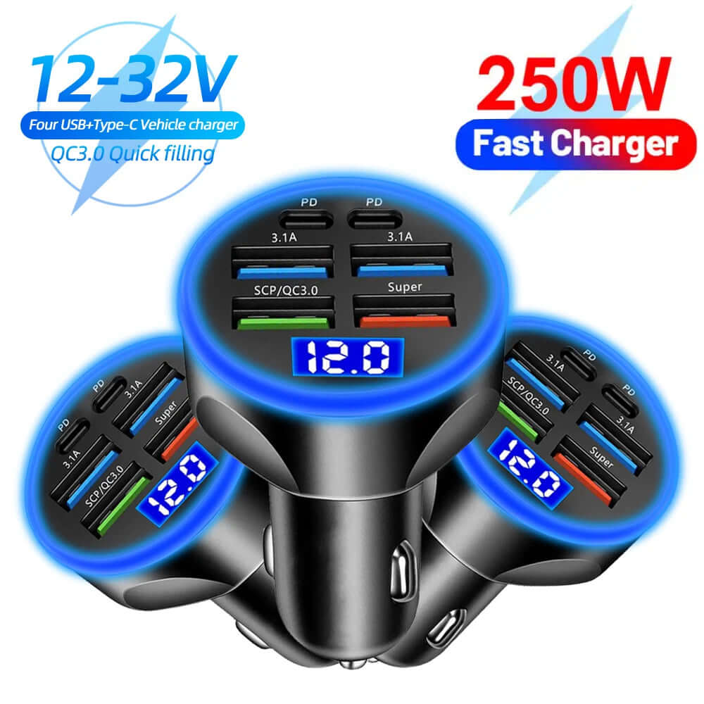 250W 6-Port Fast Charging Car Charger (PD & QC3.0)