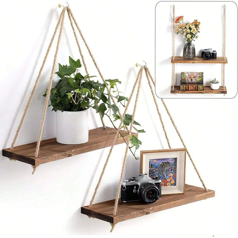 Wooden Wall Hanging Storage Rack with Rope